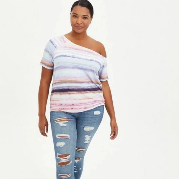 Torrid Off-Shoulder Super Soft Tee, Color Iridescent Stripe Size 2X - Picture 1 of 15